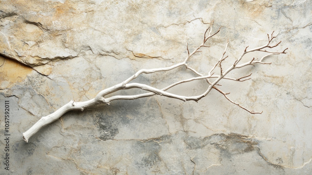 Poster dry white tree branch on a stone surface flat lay composition with ample space for text