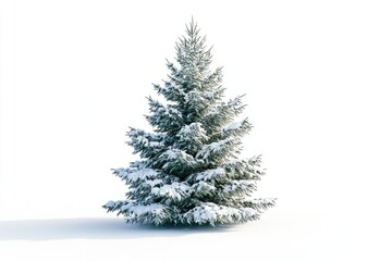 Snow covered Christmas tree isolated on white background.