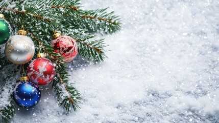 Snow covered Christmas tree branch adorned with colorful baubles