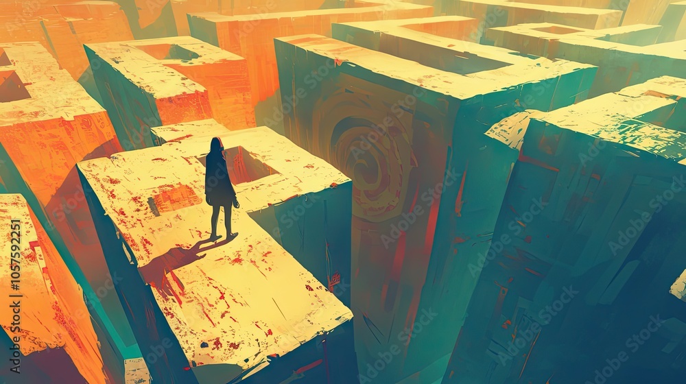 Poster a lone figure stands on a yellow platform in an abstract maze of colorful blocks.