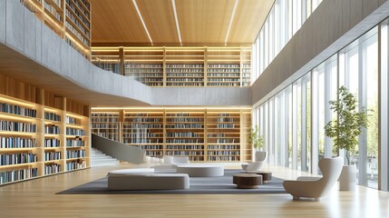 Modern public library interior with empty blank wall template. 3D Rendering