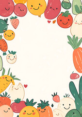 Fototapeta premium Cute cartoon fruits and vegetables border design with smiling faces