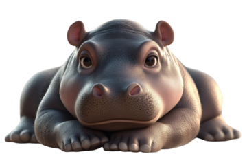 A cartoon-style illustration of a cute hippo resting with big eyes, ideal for children's books and educational materials.
