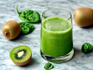 Fresh green smoothie with spinach, kiwi, and yellow fruit on marble background.