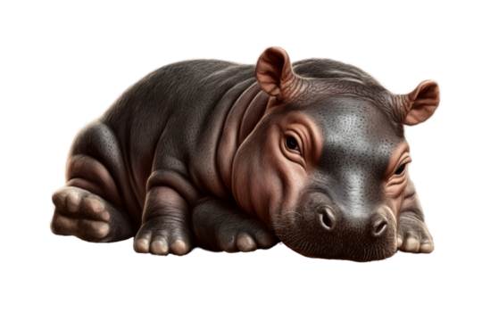 A cute, resting baby hippopotamus on a white isolated background.