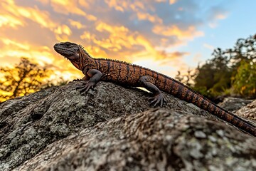Fototapeta premium Lizard perched on a rock during a vibrant sunset, nature's beauty on display.