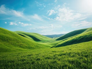 Lush green rolling hills under a bright blue sky with scattered clouds, creating a serene and picturesque landscape perfect for relaxation.