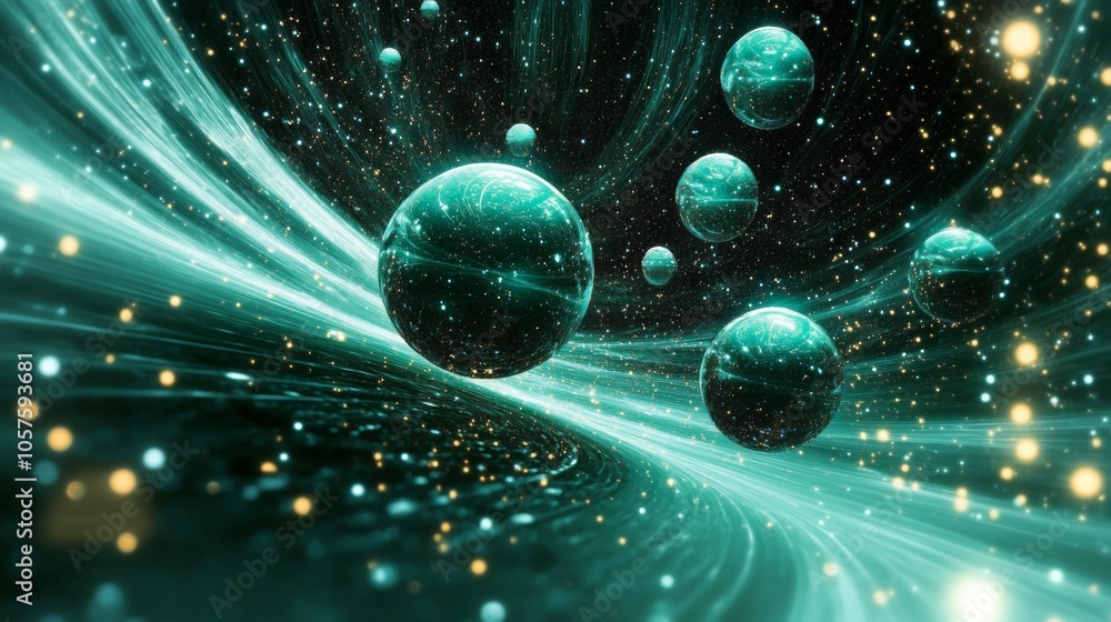 Poster Ethereal Space with Floating Spheres and Light Trails