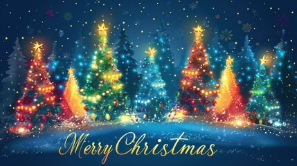 Fototapeta premium A bright and charming Christmas scene with multiple Christmas trees, sparkling lights and tinsel, and the message 
