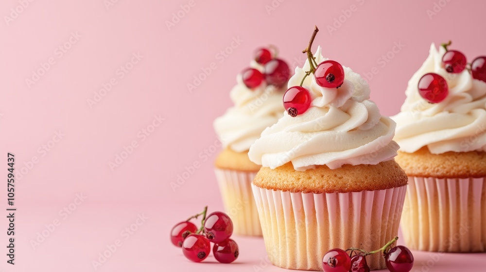 Poster cupcakes topped with vanilla cream and adorned with currants set against a pink background featuring