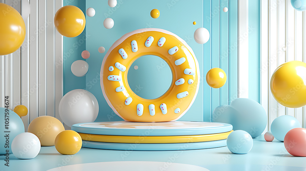 Poster vibrant donut carousel a playful scene of colorful delight and whimsy in a fun-filled environment