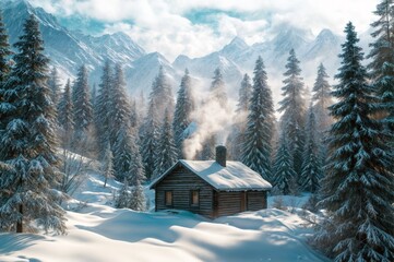 Winter landscape with a small wooden house in the forest with a snow-covered roof and smoke from a chimney