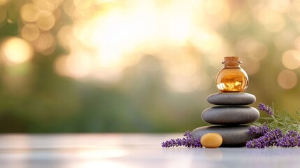Obraz premium A serene arrangement of stones, an essential oil bottle, and lavender, set against a softly blurred natural background.