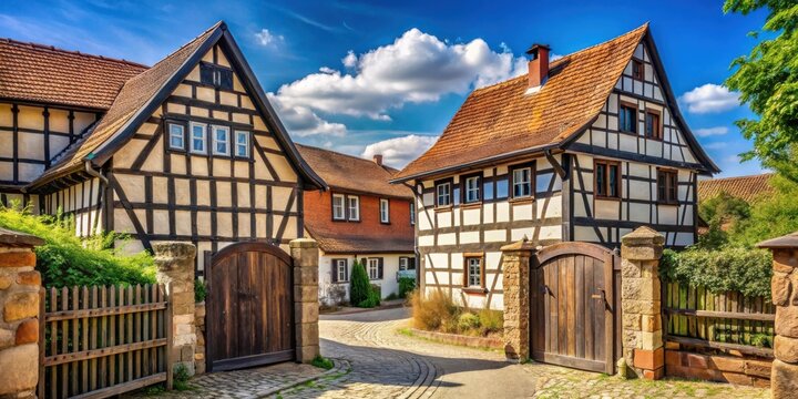 Idyllic Old Brown Wooden Gate in Rural Village with Half-timbered Buildings on Sunny Day in Wettenberg Krofdorf-Gleiberg, Hessen, Germany