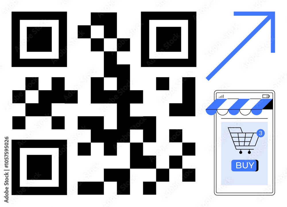 Fototapete black qr code with a right-facing blue arrow points to a mobile screen displaying a shopping cart an