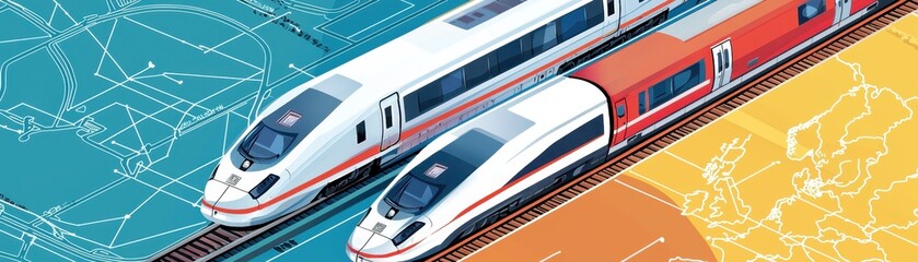 Modern high-speed trains on parallel tracks, showcasing transportation technology and innovation with colorful, dynamic background illustration.