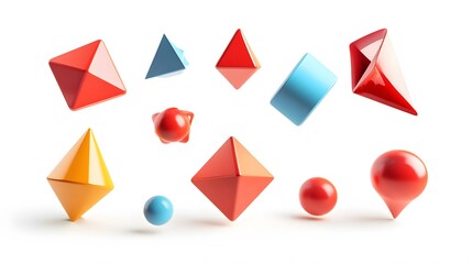 different levitating 3d shapes on white background