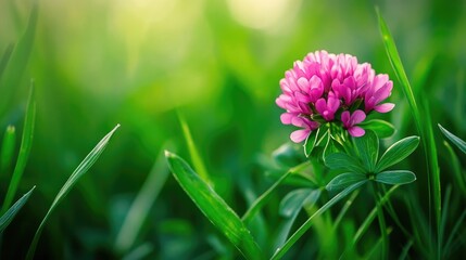 Fototapeta premium Clover flower surrounded by lush green grass