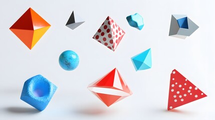 different levitating 3d shapes on white background