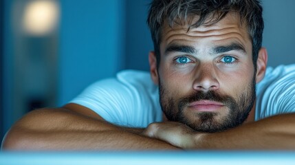 Fototapeta premium Man with blue eyes and beard gazes thoughtfully at the camera in a dimly lit room, AI