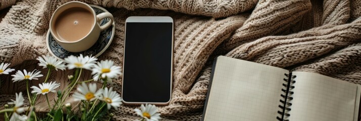 A cozy scene featuring a cup of coffee, smartphone, and an open notebook surrounded by flowers on a warm blanket.