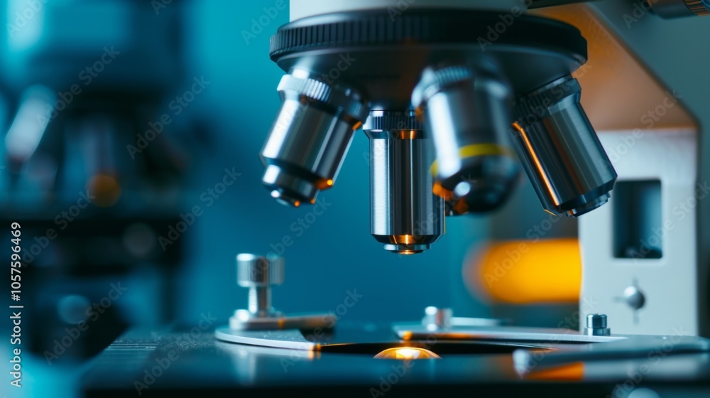 Poster close up view of a modern microscope with multiple objective lenses, highlighting the precision and 