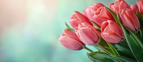 Obraz premium Spring Theme Mother S Day Festive Background The Bouquet Of Pink Coral Tulips On Pastel Background Close Up With Text Happy Mother S Day