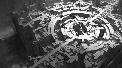 Fototapeta premium A futuristic, abstract city with a circular, concentric structure in the center.