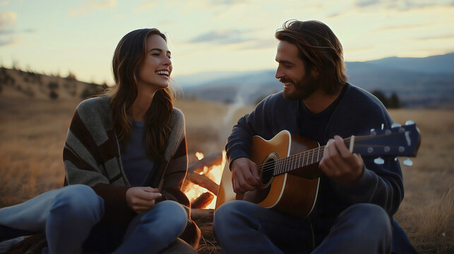 Happy couple enjoying campfire picnic man playing guitar music relaxing together on summer adventure in nature; a cheerful evening of leisure warmth, and romance on their outdoor holiday trip