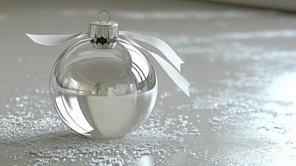 Transparent Christmas Ball, Featuring A Delicate Ribbon Tie At The Top, Resting On A Snowy Surface With Gentle Reflections.