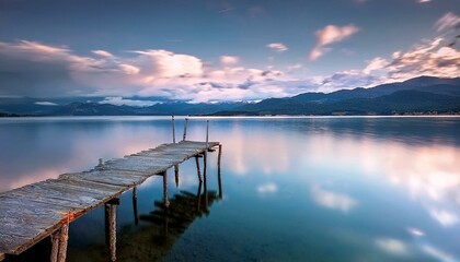 Fototapeta premium Un pequeño embarcadero de madera, en medio de un lago de aguas tranquilas 