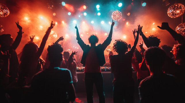 Vibrant Nightclub Scene With Colorful Neon Lights Flashing In Rhythmic Patterns, Showcasing A Dj Booth And Energetic Dancers Under A Sparkling Disco Ball