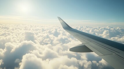 Obraz premium Airplane wing soaring through a cloud filled sky