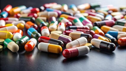 Pharmacy background with various pills and capsules in close-up shot on black table