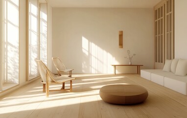 Fototapeta premium A living room with a white wall and a tan floor. There are two chairs and a couch
