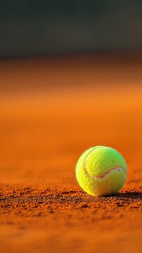 A close-up image of the yellow tennis ball on a red clay court, perfect for a wallpaper or background design. 