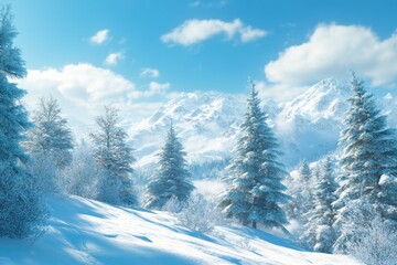 Fototapeta premium winter snow covered fir trees on mountainside on blue sky background