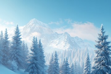 Fototapeta premium winter snow covered fir trees on mountainside on blue sky background