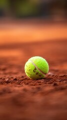 A close-up image of the yellow tennis ball on a red clay court, perfect for a wallpaper or background design. 