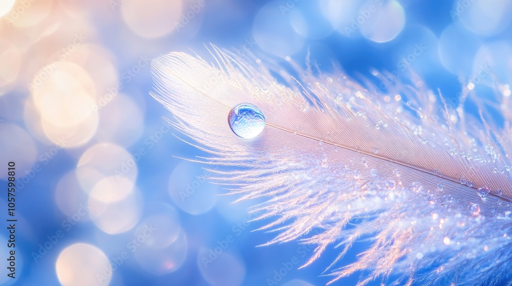 Poster close up macro of a dewdrop on a soft feather featuring sparkling bokeh against a blurred blue backg