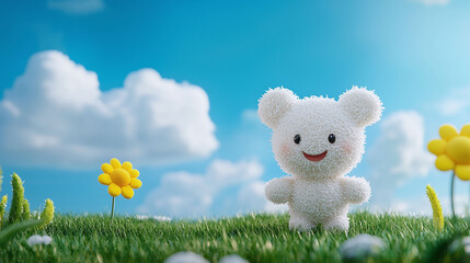 Cute fluffy bear toy in vibrant flower field under blue sky