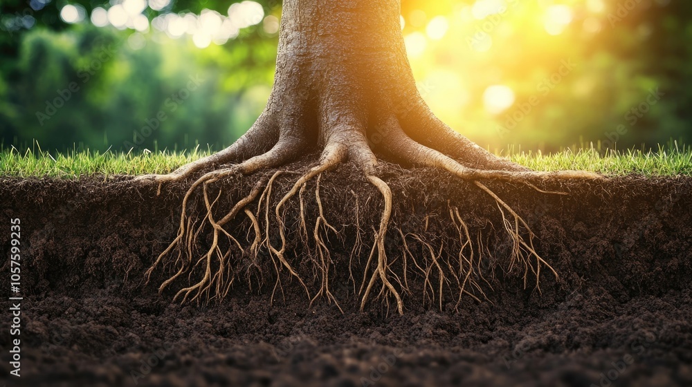 Poster soil with large tree roots displayed on a banner