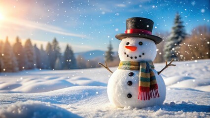 Obraz premium Classic Winter Charm Festive Snowman with Carrot Nose and Top Hat in Snowy Landscape