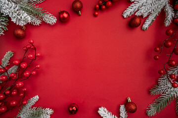 Christmas and Happy New year 2025 with glitter decorations on red bright background. Holiday party...