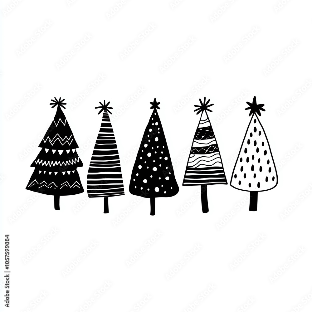 Poster stylish black and white christmas trees with unique patterns and shapes