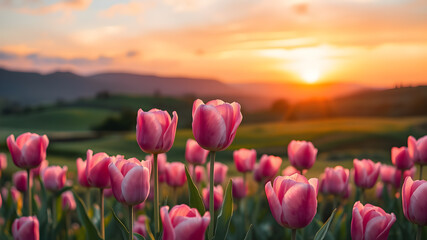 Charming watercolor artwork of a pink tulips on a field against hills and sunset sky.  Generative AI