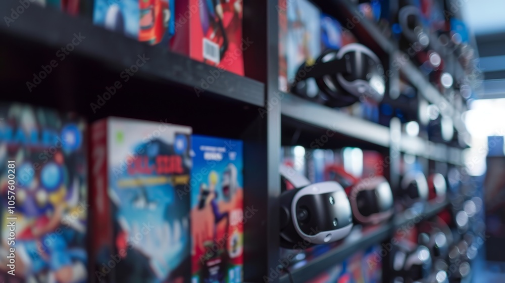 Poster rows of virtual reality gaming headsets are hanging on a display rack in an electronics store, ready