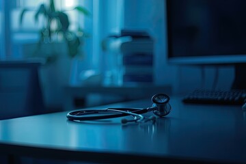 Stethoscope on the table in front of a blurred background. Close-up shot. Medicine concept.