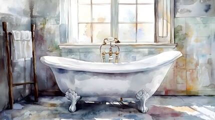 Watercolor Artistic using soft, brushy watercolor strokes, Soft Color, Single object picture - a classic white clawfoot bathtub in the bathroom