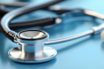 Stethoscope on the table in front of a blurred background. Close-up shot. Medicine concept.